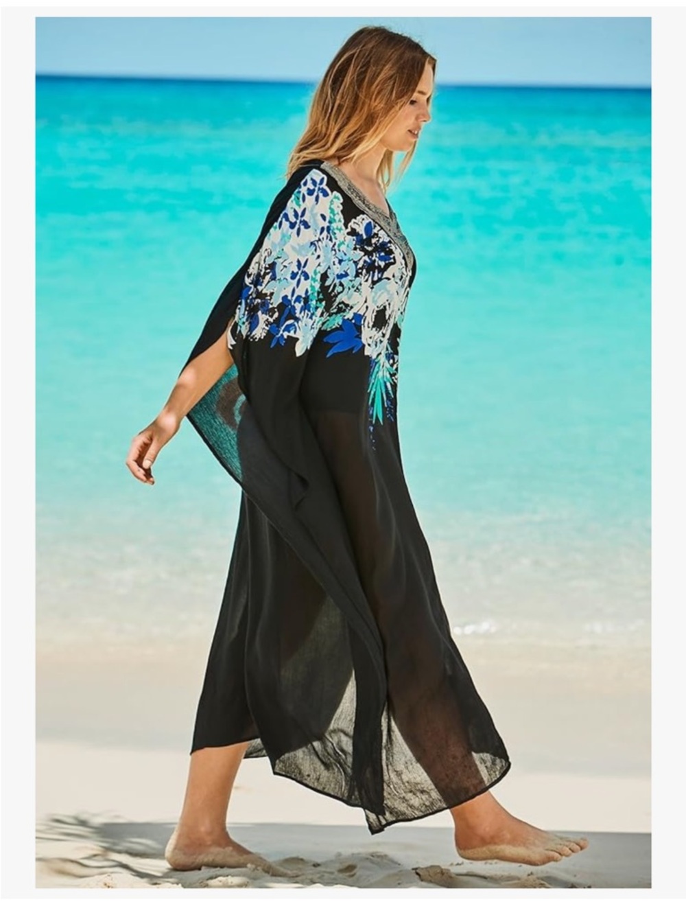 Swimsuits for All Womens Floral Caftan Cover-Up Embellished Black Blue 26/28 NEW